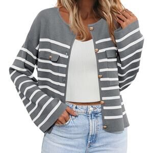 NWT Medium Striped Button Down Crew Neck Cardigan